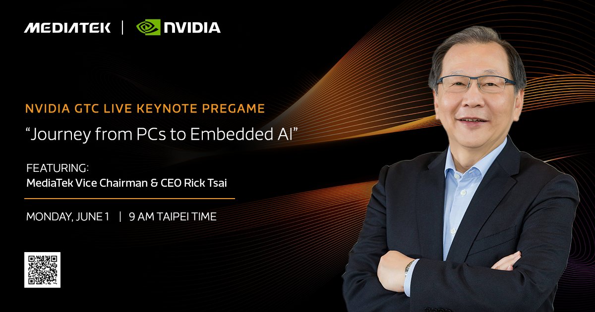 MediaTek's tweet photo. Don't forget to tune in to the future of AI and accelerated computing.

Join @NVIDIA’s GTC Live Pregame show at #COMPUTEX2026, where MediaTek Vice Chairman and CEO Dr. Rick Tsai will join NVIDIA for the segment “Journey from PCs to Embedded AI.”

🗓 June 1
🕘 9am Taipei Time

Register or watch the livestream: https://t.co/Ps4VhZ4rue