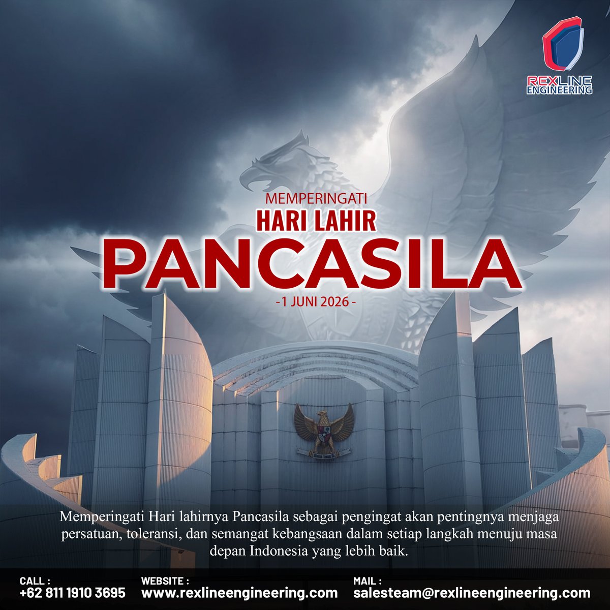 RexlineI's tweet photo. Selamat Hari Lahir Pancasila

Pancasila adalah fondasi persatuan dalam keberagaman. Mari kita terus mengamalkan nilai-nilai luhur Pancasila dalam kehidupan sehari-hari demi Indonesia yang lebih maju, adil, dan sejahtera.

#Rexlineengineering #EPC #harilahirpancasila2026 https://t.co/La42Q3YjnG