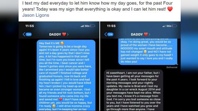 gecffmn's tweet photo. Tell me again about God not working in mysterious ways!

4 years of texting her dead dad’s phone every single day… then this reply ❤️
Chastity:
“Hey Dad it’s ME 💔 Tomorrow is going to be a tough day again! It’s been 4 years since I lost you… I beat cancer, graduated college with honors, fell in love & had my heart broken, hit rock bottom but came back stronger. I love you and I really miss you!”
Brad (new owner of the number):
“Hi sweetheart, I am not your father, but I have been getting all your messages for the past 4 years. I look forward to your morning messages and your nightly updates. My name is Brad and I lost my daughter in a car wreck in August 2014 and your messages have kept me alive. When you text me, I know it’s a message from God. I’ve watched you grow. You are an extraordinary woman and I wish my daughter would have become the woman you are. I’m proud of you.”
Two strangers unknowingly saving each other through grief. True story from 2019 that still hits different.

#TrueStory #Heartwarming