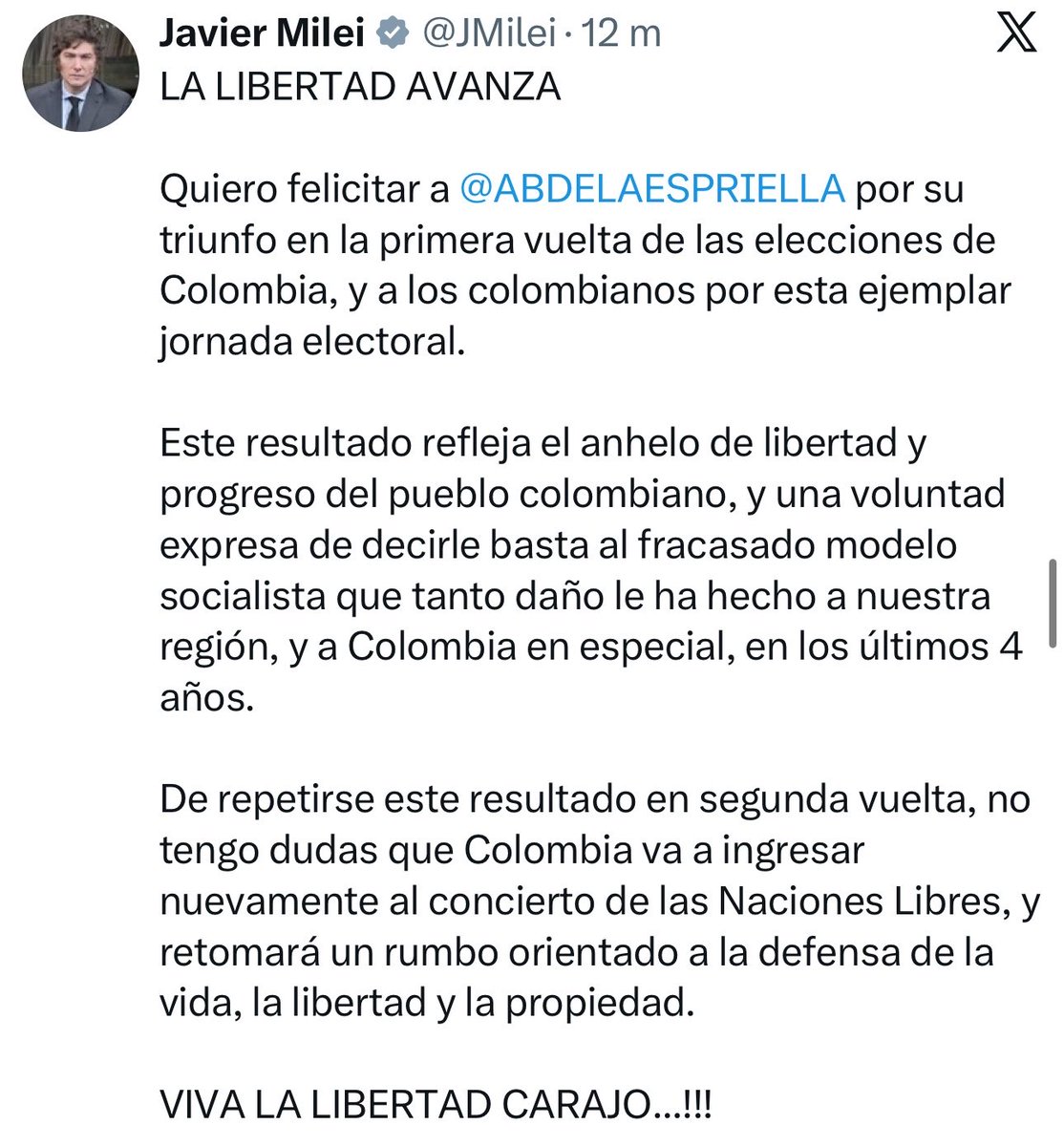 OrlvndoA's tweet photo. #AHORA | El presidente Javier Milei felicita a Abelardo de la Espriella:

“Este resultado refleja el anhelo de libertad y progreso del pueblo colombiano”. https://t.co/grYhylSlfu