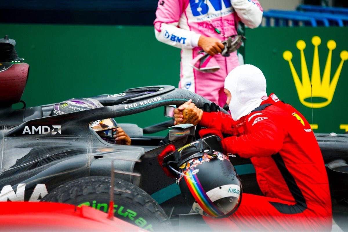 fag4lando's tweet photo. Since it’s Pride Month, here’s a thread of the rainbow helmets Lewis Hamilton and Sebastian Vettel wore in F1.

A Thread 🏳️‍🌈🏳️‍⚧️ https://t.co/ZQvwRnmgaG