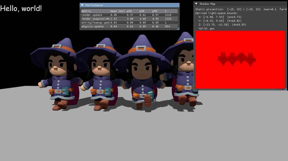 CallumStyan's tweet photo. All this graphics stuff has actually been a friend and I studying things together and talking (somewhat infrequently, he's in Australia) about implementations.

But as of ~1 week ago we're now working on a single engine together. He's mostly interested in engine features and architecture. I'm focusing on rendering features.

This may have been a bad idea given that so far my knowledge base is just from reading https://t.co/laAEo663kq, the Kronos Vulkan tutorial: https://t.co/LqQTdCHlMW, and https://t.co/HsDJCMQXZd. But I already had a copy of Real Time Rendering, and I just jumped straight head 10 chapters into shadows.

It was a few days of messing up coordinate directions, a renderer that did not yet have additional buffer support, and more, but I finally have shadow mapping with PCF *mostly* working.

I say mostly because a) I still don't understand the nuances of different light types, and so my light view projection and view frustum tightening is not correct and also b) the code is a mess.

But anyways, here's what the shadow mapping looks like without PCF vs with PCF.
