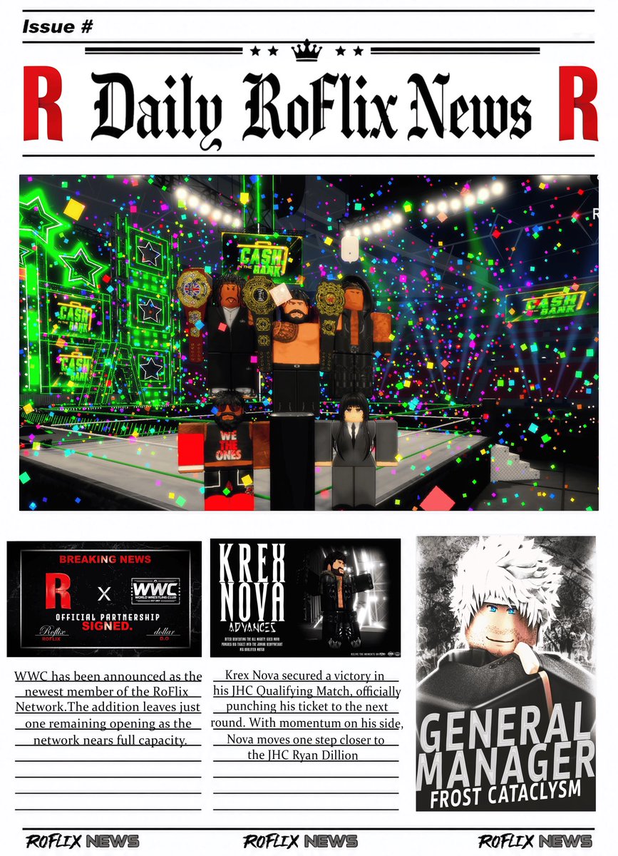 RoFlix_Studios's tweet photo. 📰 RoFlix Daily News:

@WWCROBLOX has officially joined the RoFlix Network. @mdzeuu is now IFWC &amp; WHC Double Champion,

@KN_Rblx advances in the JHC Qualifier Match, &amp; @faintedrituals has been named the NEW General Manager of @LEGACYONRBLX Thursday Night LIMITLESS.

#RoFlixNews https://t.co/7I8RxpJDPL
