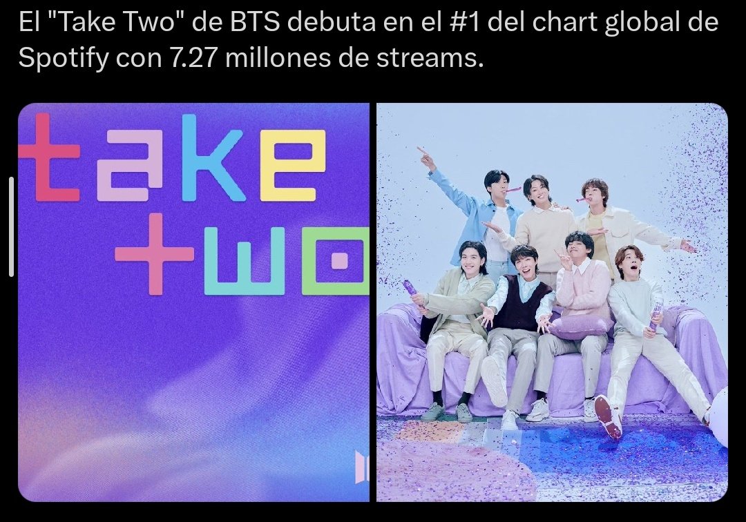 itsbulletproof7's tweet photo. Tomémonos en serio el lanzamiento del Festa. Podemos superar el debut de Take Two, para el #1 en Spotify Global necesitaremos más de 6M de streams, y más porque ese día una artista lanzará su álbum, debemos aprovechar las nuevas ARMYs y mantengámonos estables después https://t.co/3UOMSyrJMs