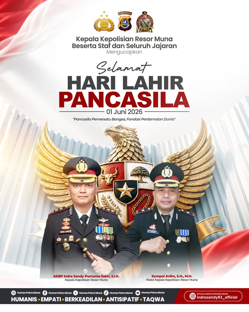 MunaHumas's tweet photo. Kepala Kepolisian Resor Muna Beserta Staf Dan Seluruh Jajaran Mengucapkan Selamat Hari Lahir Pancasila. https://t.co/bCKmyVWEVk