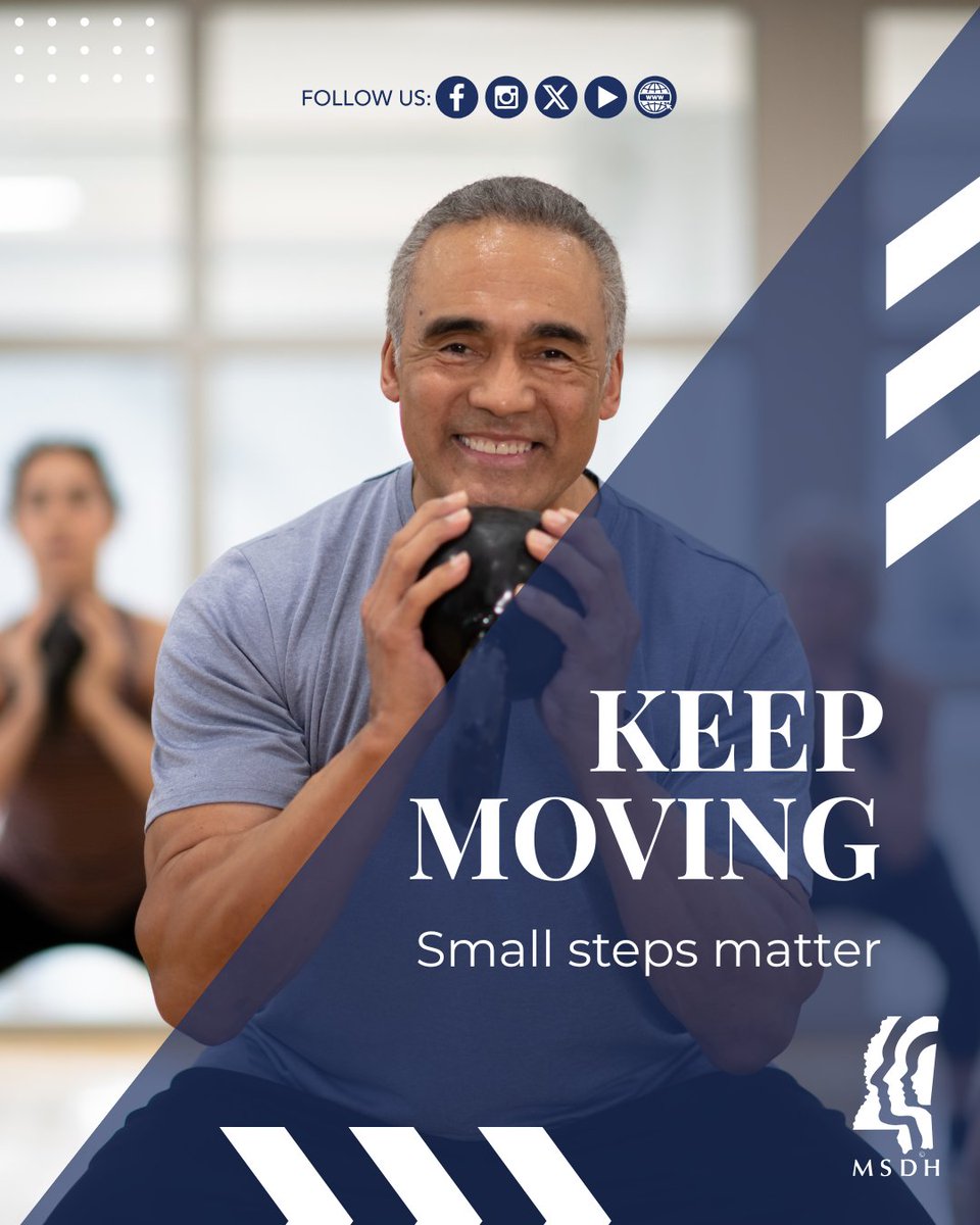 msdh's tweet photo. Keep moving 💪 Small steps like walking, stretching or staying active throughout the day can lead to better health over time. Stay consistent and keep going.

Stay up to date on the MSDH Healthy Mobile App and at https://t.co/QYXi2ihIdQ

#HealthyMS #KeepMoving https://t.co/iw9fAkA886