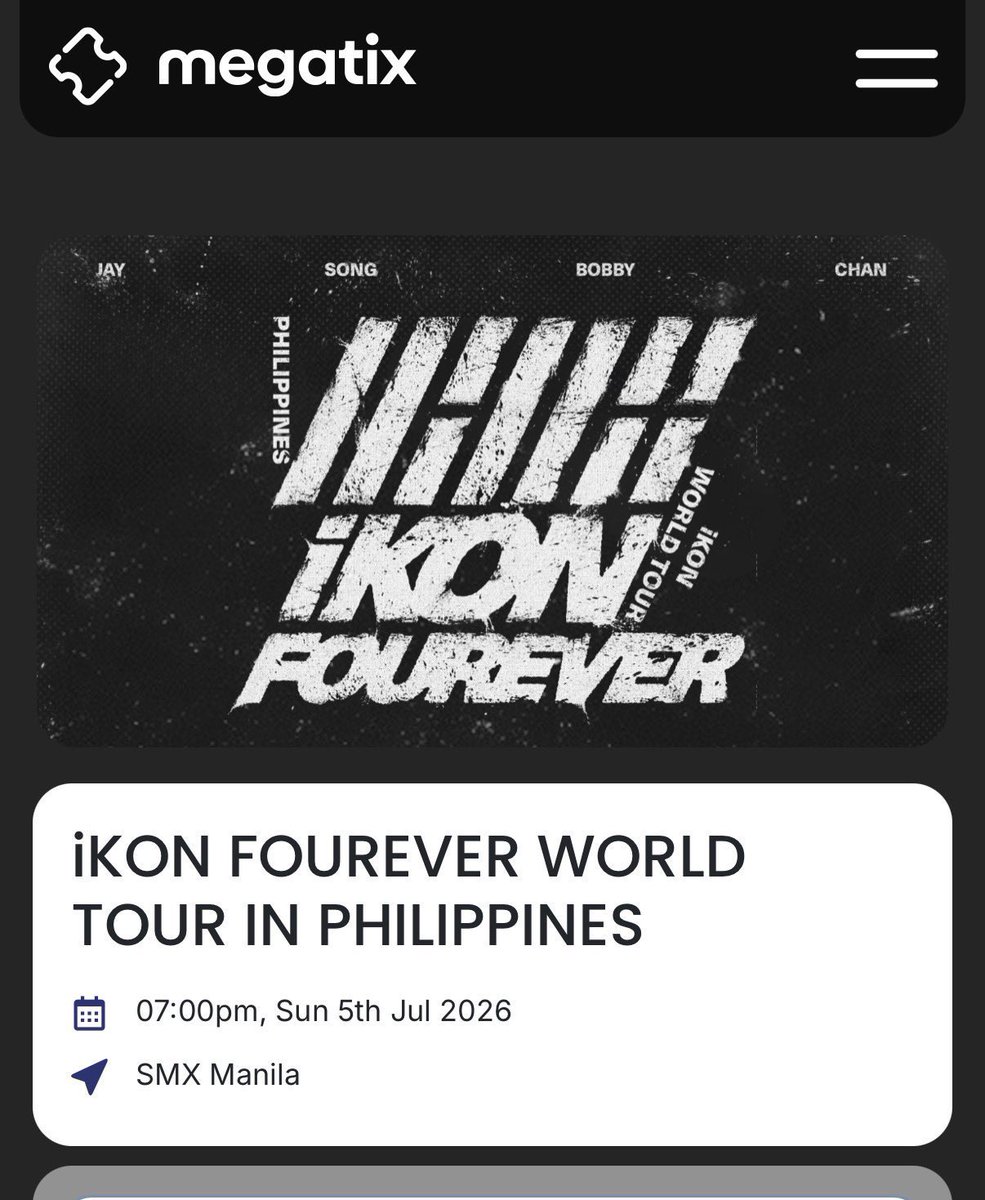 withiKON_PH's tweet photo. [iKON FOUREVER TOUR in MANILA]

June 01 Ticket update

Last 100 seats for CAT 2 ‼️

Filo-iKONICS, let’s show them what we got! 

Grab your tickets now!
📅 July 5, 2026, 7PM
📍 SMX Convention Center Manila 
🎟️ https://t.co/tLBROeaKu0

#iKONinMANILA #iKON_FOUREVER_TOUR #iKON #아이콘
@iKONIC_143 @banyakbagusent