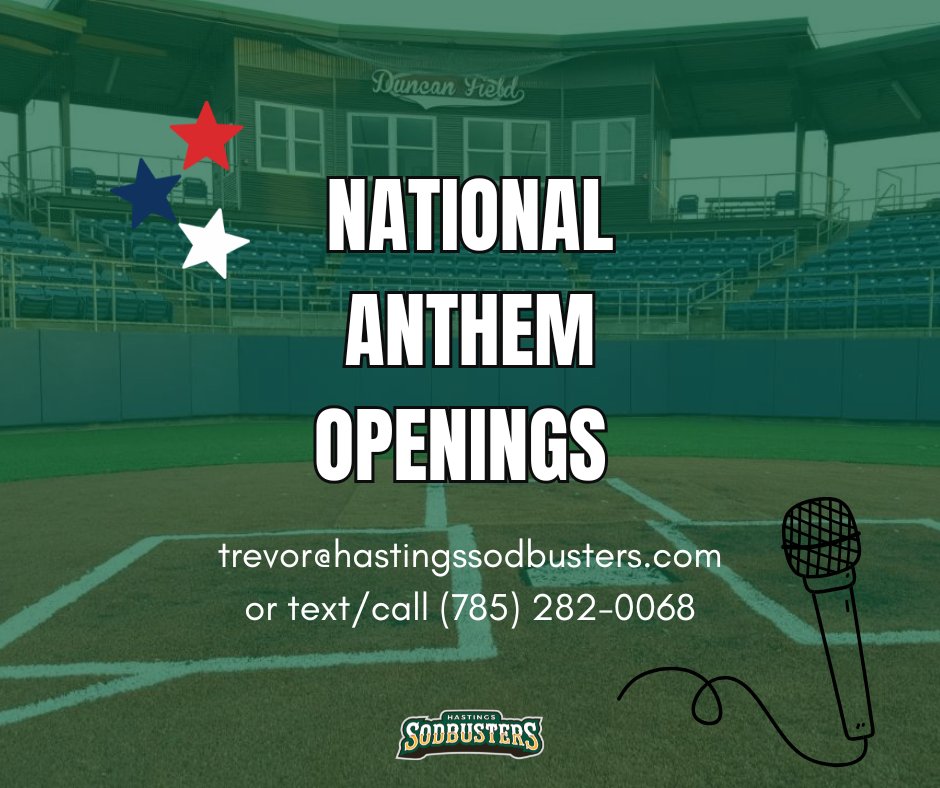 GoSodbusters's tweet photo. Come out and perform the National Anthem at a home came for the Sodbusters! Email Trevor at trevor@hastingssodbusters.com or text/call (785) 282-0068 to find out more information! https://t.co/oBDrgAyLrs