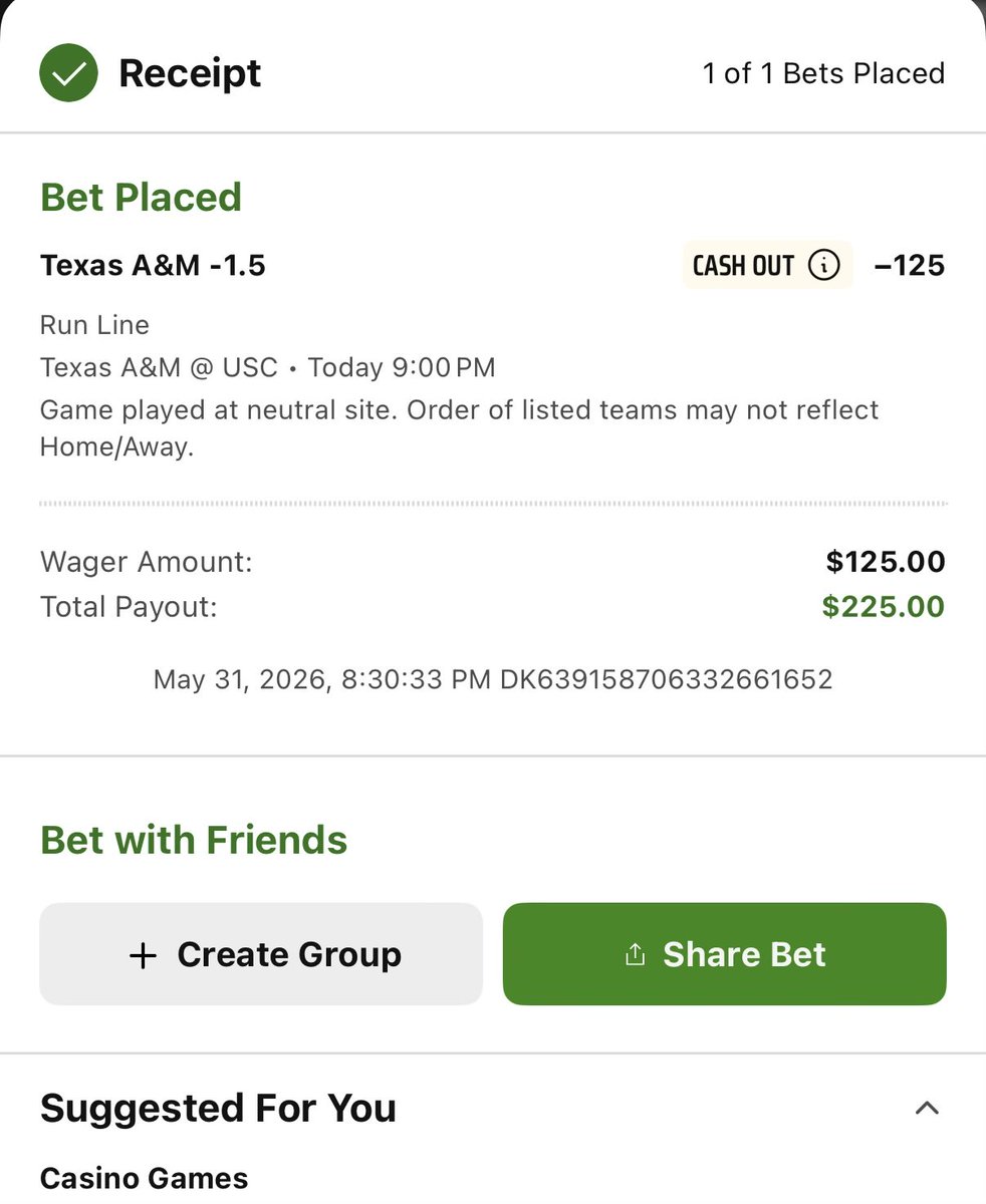 NorthgateNinja's tweet photo. College Baseball play:

Texas A&amp;M -1.5 

#ShortyWannaRide #NowWeGo https://t.co/60rB6LBTRf