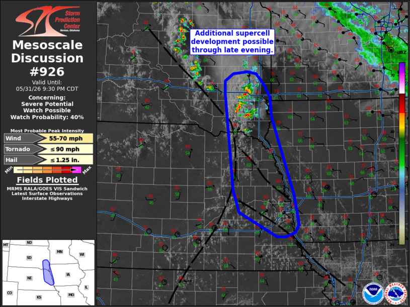 rustywx's tweet photo. The area circled in blue is being monitored for a severe weather watch this Sunday evening. It's a small chance for a watch, but storms are looking likely in this area eventually. Lincoln is on the edge. https://t.co/v2gqd78mYo