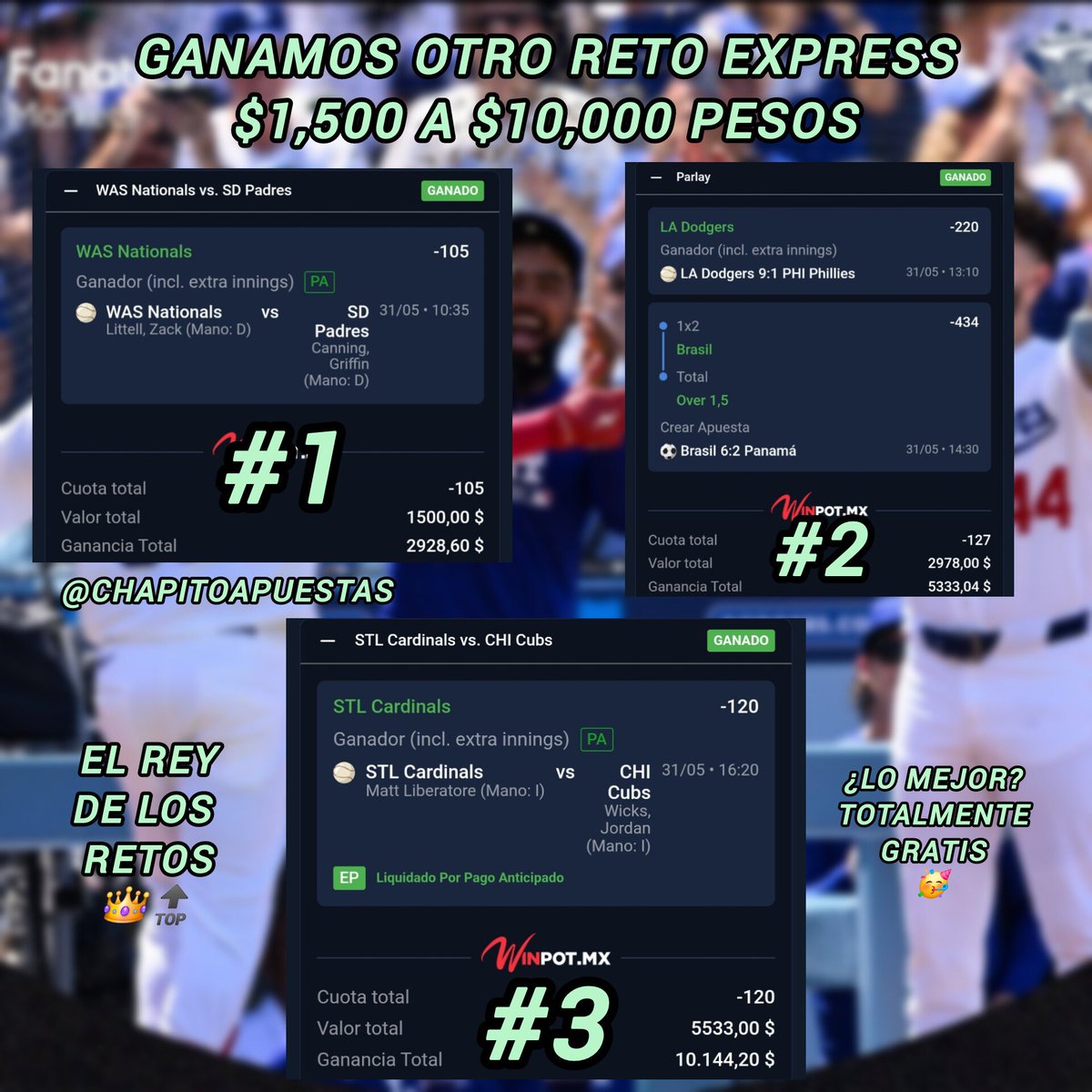 ChapitoApuestas's tweet photo. SE PRENDIÓ EL CERRO 🔥🔥🔥 !!

Ganamos mi RETO EXPRESS $1,500 A $10,000 GRATUITO ✅️🥳!!

EL REY DE LOS RETOS LO VOLVIÓ A HACER 👑🔝 !!

Así son mis Retos Express, los Ganamos fácil y rapidito🫰!!

Regalaré Transferencias de $1,000 pesitos a Chingones que:
-Comenten🗨
-Den 🔄❤️ https://t.co/cs3TPVTbxH