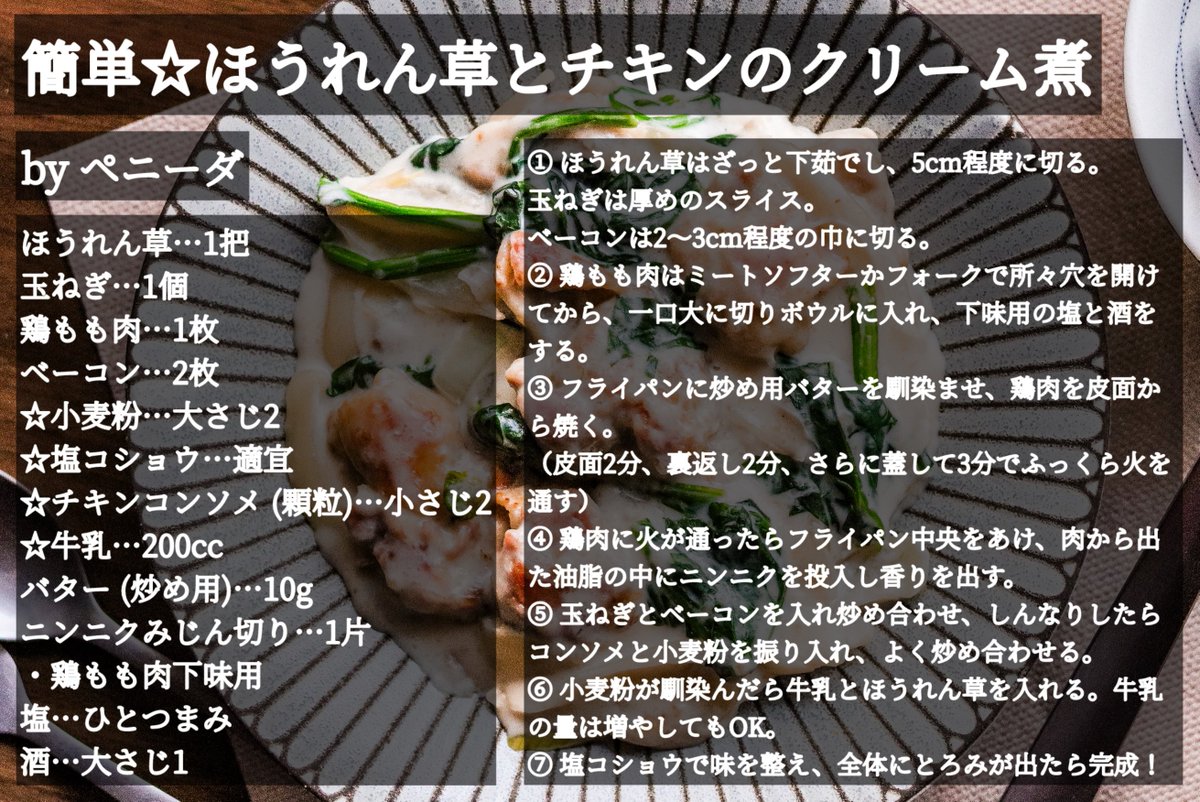 cookpad_news's tweet photo. 牛乳1本、
おいしく消費したいならこれ。
鶏ももとベーコンの旨みが溶け込んだ
濃厚クリームに、
ほうれん草がどっさり。

パンが止まらなくなるやつです🤤 https://t.co/LXHvzn45GR