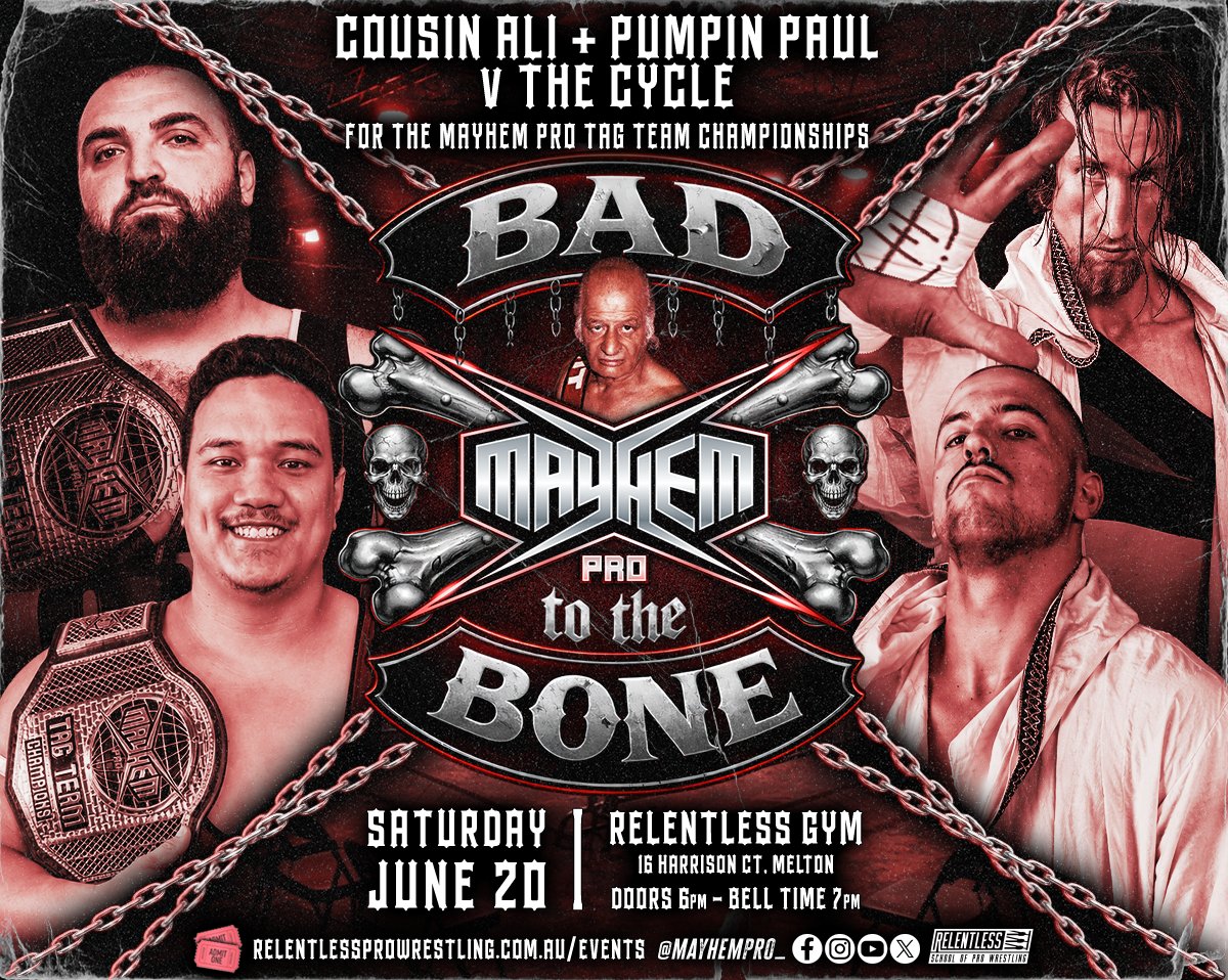 MayhemPro_'s tweet photo. ☠️BAD TO THE BONE☠️

The new Tag Team Champions @AliProWrestler &amp; @PaulFuryPW  have a big challenge ahead of them

Putting the titles on the line against former champions The Cycle
 
📅 Saturday June 20
📍 16 Harrison Court Melton
🚪6pm |🔔7pm
🎟️ https://t.co/j96ZUEPqDP https://t.co/Na44RZsLhp