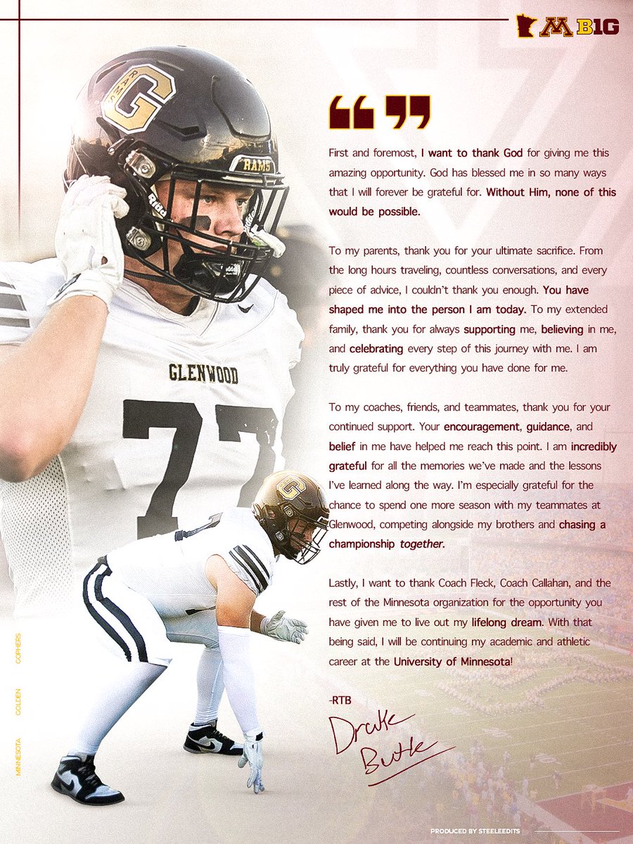 ButheDrake's tweet photo. AGTG‼️COMMITTED. #RTB @Coach_Fleck @Callybrian @GopherFootball https://t.co/jikqshKZ6r
