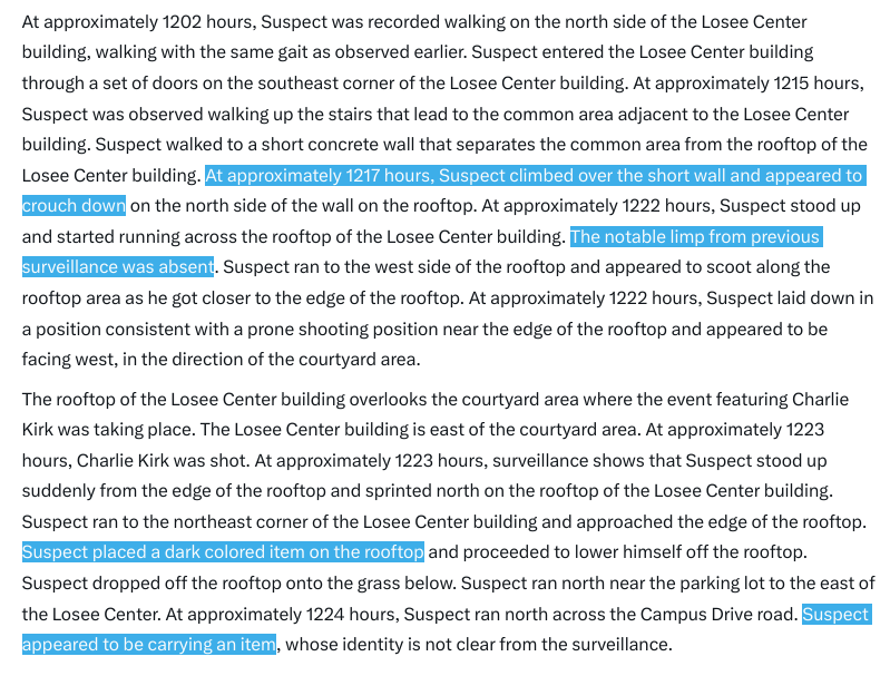 822CARREDAS's tweet photo. Simple and effective, well done, Keli 😉
My conclusion is simple on Affidavit : 
Agent Davis never mentions a rifle or a firearm 
 (object/item); he talks about a “Keyzer Soze” who becomes “Usain Bolt” and then “The Fall Guy.” 

He’s very careful, subtle in his words ; he mixes surveillance footage, amateur videos, and eyewitness accounts. 
We don’t know (though I do) if he was off the radar and for how long. I
t’s the hot topic of the moment (Losee Roof); all the propagandists are on it, and it’s looking bad for them.