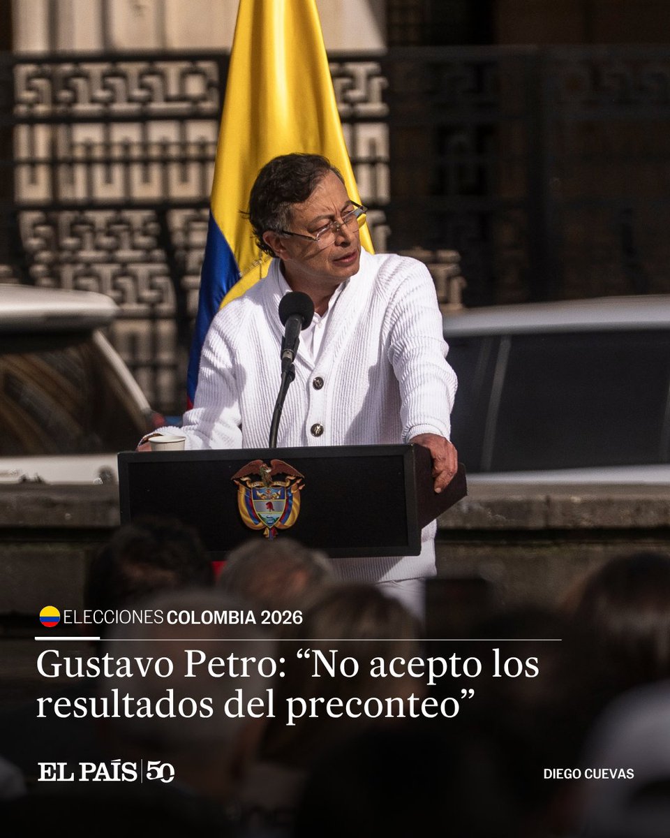 ElPaisAmericaCo's tweet photo. 🔴 ÚLTIMA HORA | Luego de conocerse los resultados del preconteo electoral, que posicionan a De la Espriella como ganador de la primera vuelta, frente a Cepeda, el presidente Petro se pronunció rechazando el escrutinio provisional:  “No acepto los resultados del preconteo” https://t.co/nZPrSoo5V6
