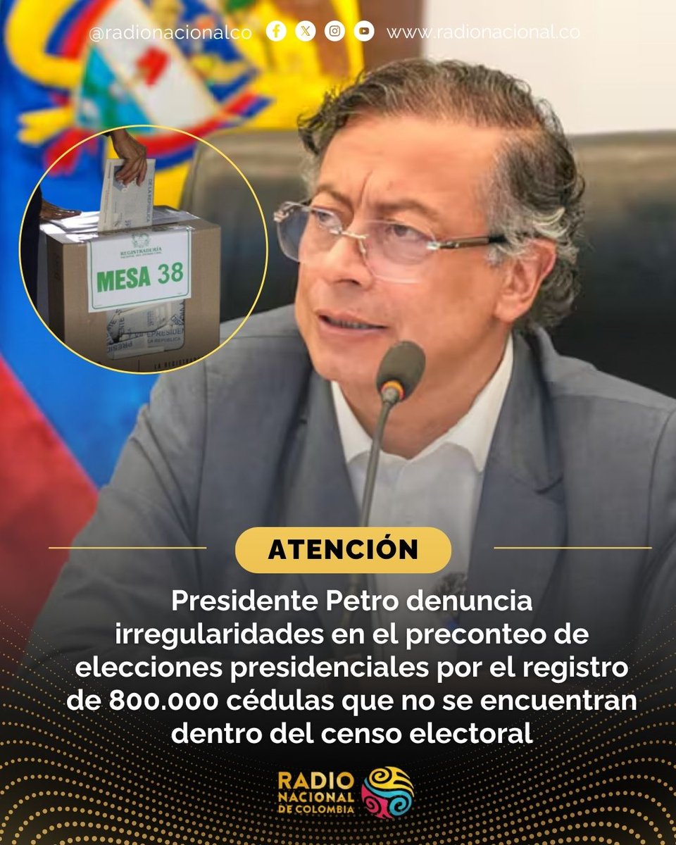 RadNalCo's tweet photo. #ATENCIÓN🚨 El presidente Petro (@petrogustavo) anunció que no acepta el resultado del preconteo, asegurando que en varias ocasiones se alertó sobre el software de la Registraduría que incluyó 800 mil cédulas que NO hacen parte del censo electoral. El anuncio fue hecho por el mandatario a través de su cuenta de X, argumentando además que tal y como lo dicta la Ley, reconocerá los resultados de la Comisión escrutadora dirigida por los jueces de la República.🗳️❌