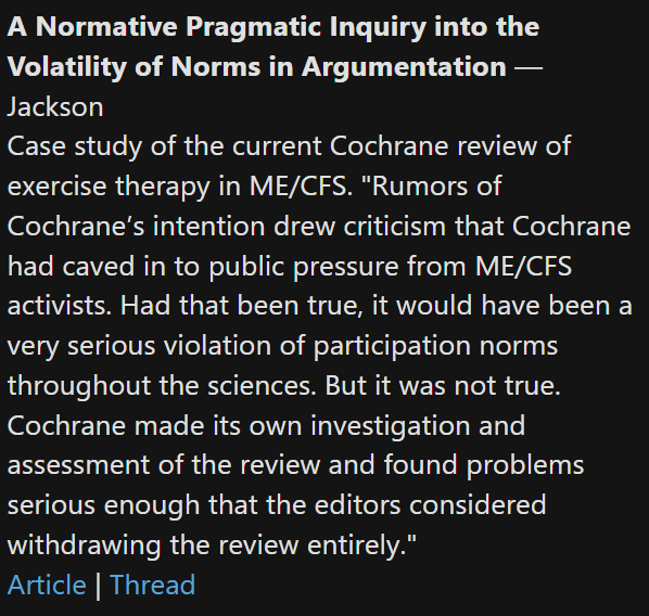 TomKindlon's tweet photo. "A Normative Pragmatic Inquiry into the Volatility of Norms in Argumentation"

Case study of the current Cochrane review of exercise therapy in ME/CFS

https://t.co/U7lvmtkeek

Screenshot from Science for ME weekly update

#MEcfs #CFS https://t.co/U9HYCuRi8F