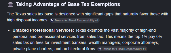 BornAgainCommie's tweet photo. @TheKarlKolchak @GOP__Ls top 1% do not completely escape paying Texas sales tax on individual retail purchases, but they dramatically minimize their overall tax burden by legally routing major expenditures through business entities, exploiting base exemptionsand benefiting from a regressive tax structure https://t.co/FwdG3zHsG3