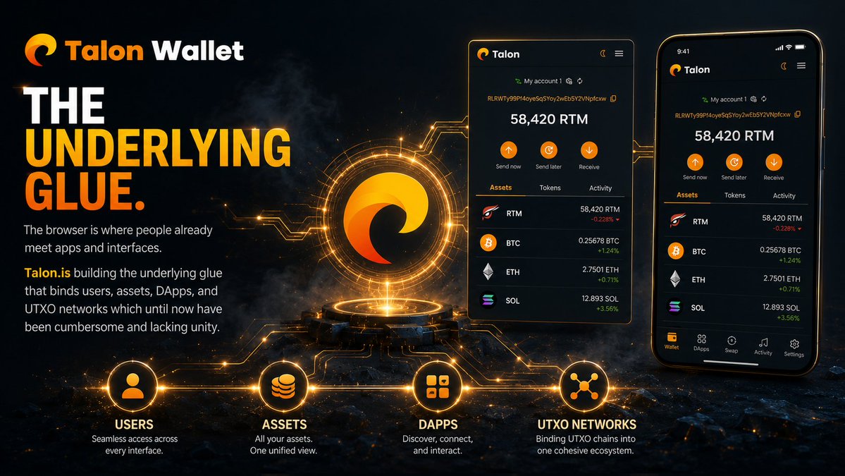 talonwallet's tweet photo. The browser is where people already meet apps and interfaces.
https://t.co/RhKwYLgip9 building the underlying glue that binds users, assets, DApps, and UTXO networks which until now have been cumbersome and lacking unity.