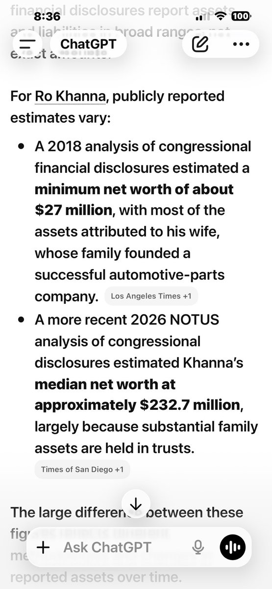 Fishgrouse's tweet photo. @RoKhanna @grahamformaine Ro Khanna’s net worth from ChatGPT:
If he wants to fix the lopsided economy it starts at home. https://t.co/RjVaEvDQEk