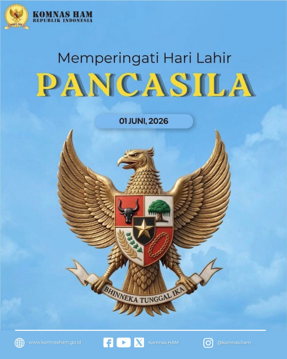 KomnasHAM's tweet photo. Tidak ada bangsa yang kuat tanpa persatuan. Selamat Hari Lahir Pancasila 2026. Semoga Indonesia selalu dipenuhi oleh insan yang mau menerima perbedaan sebagai kekuatan.

#KomnasHAM #pemajuanHAM
#penegakanHAM #HariLahirPancasila https://t.co/F2alHma1rC