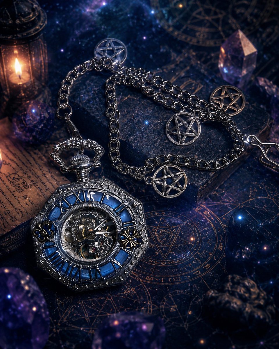Akashi4649's tweet photo. 【星界回帰時計】
(Astral Return Watch)

止まったはずの時間を
呼び戻し、失われた記憶と共に
星の軌跡が刻まれる時計。
針が一周するたび、世界は静かに
書き換わる。

#懐中時計
#魔改造
#異界蒸気時計店 https://t.co/tsYiPAKYjX