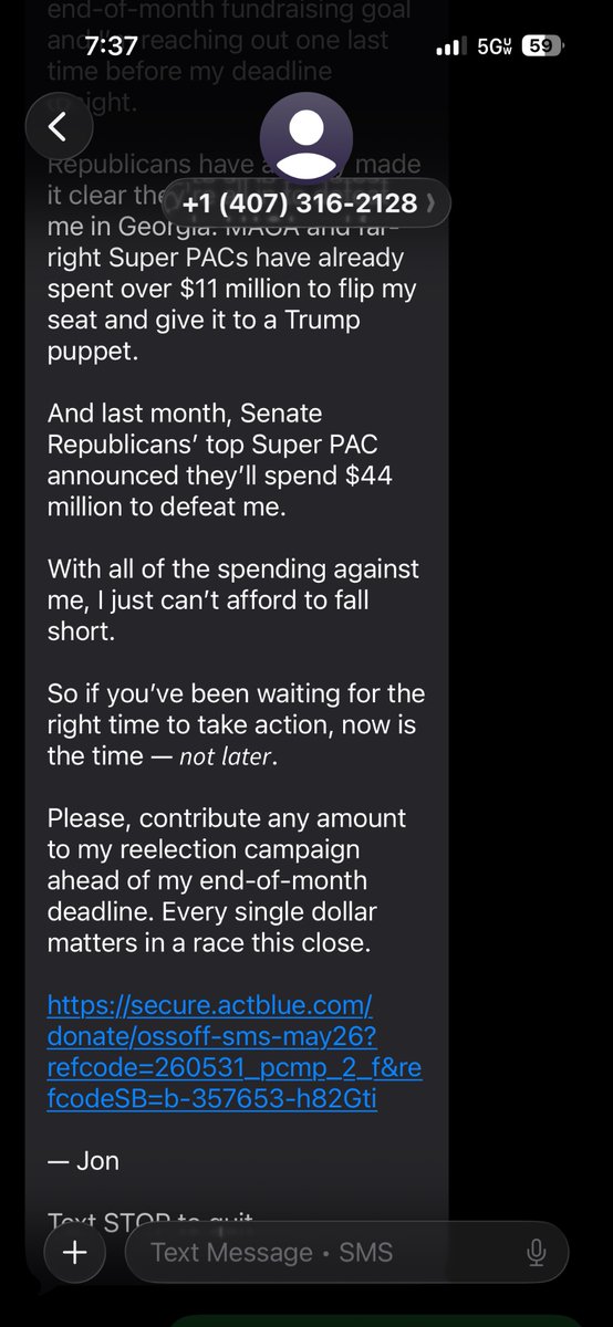 gemtress2's tweet photo. @ossoff @FEC @BrianKempGA @BradForGASOS 

WHY THE HECK AM I being contacted by a candidate for donations in GA?!?! 
I’ve never lived in GA. I’m not even registered a democrat! 

I want to know, how did you get my number, do you have me registered in the state of GA?! https://t.co/I3imdAJLB9