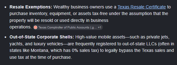 BornAgainCommie's tweet photo. @TheKarlKolchak @GOP__Ls top 1% do not completely escape paying Texas sales tax on individual retail purchases, but they dramatically minimize their overall tax burden by legally routing major expenditures through business entities, exploiting base exemptionsand benefiting from a regressive tax structure https://t.co/FwdG3zHsG3