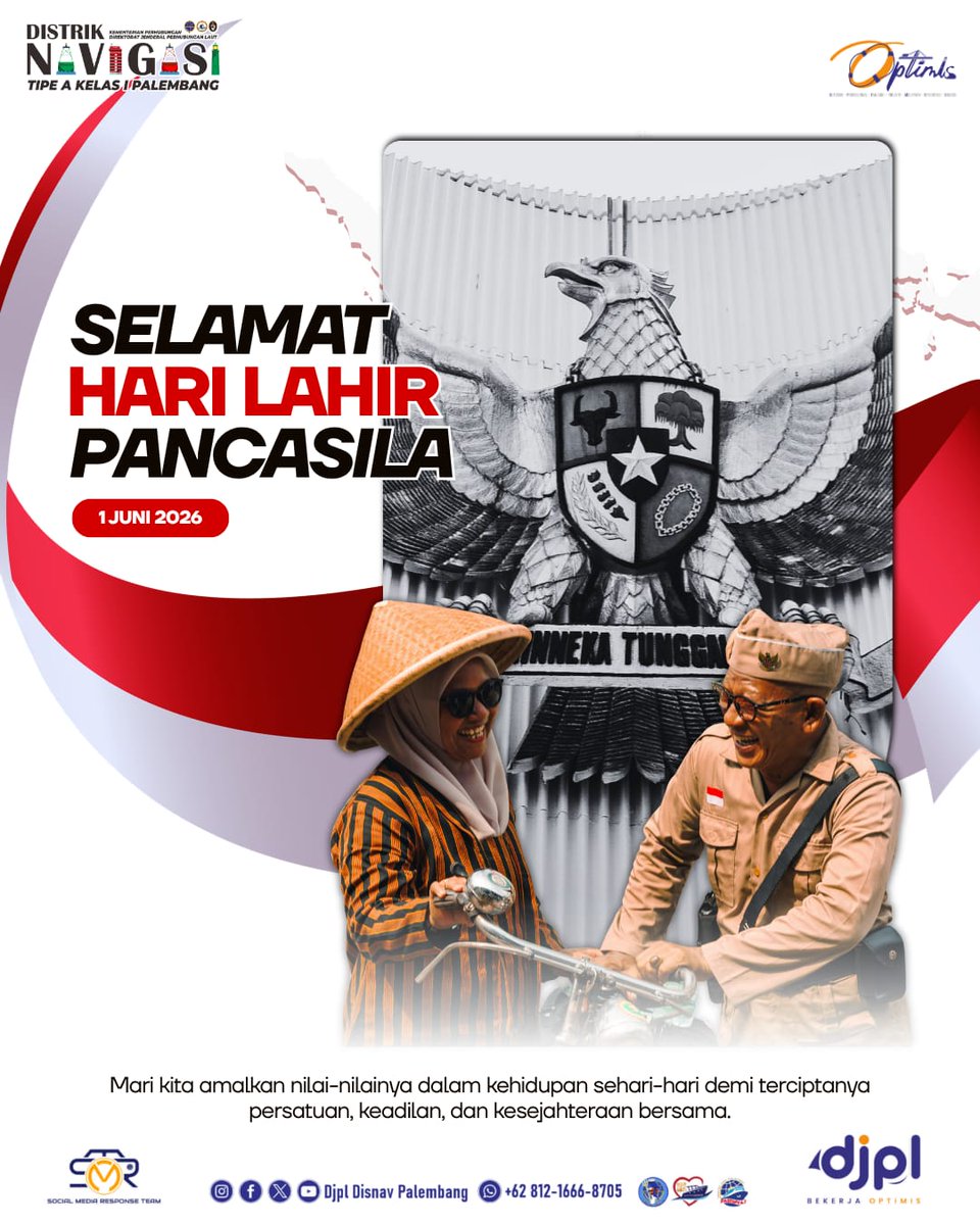 DisnavPalembang's tweet photo. Selamat Hari Lahir Pancasila - 1 Juni 2026! 🇮🇩🦅

​Mari kita amalkan nilai-nilai Pancasila dalam kehidupan sehari-hari demi terciptanya persatuan, keadilan, dan kesejahteraan bersama. Mari bersinergi menjaga keutuhan bangsa dari laut hingga daratan!
​Salam dari Disnav Palembang. https://t.co/eeg6dZjxYb