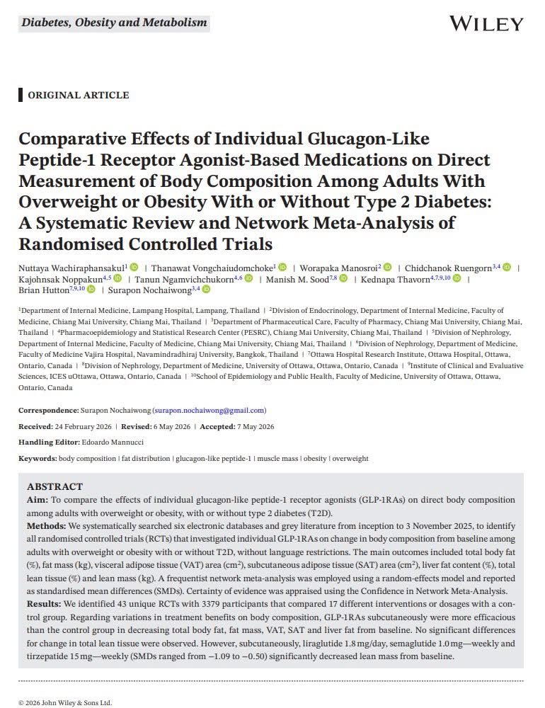 panoey's tweet photo. Meta-analysis : ใช้ GLP-1 based therapy กล้ามเนื้อจะลดเมื่อใช้ high dose เช่น monjaro 15  mg/wk แต่คนไทย ใช้ 7.5 mg/wk ก็จะไม่ไหวแล้วมั้ง คุยกับรุ่นน้องที่��ีด + เล่นเวท 2-3 ครั้งต่อสัปดาห์+ กิน protein ถึง กล้ามเนื้อก็ไม่ลดนะ แต่น้ำหนักลดเกือบ 20 กิโลได้ https://t.co/7yBD2m8l7C