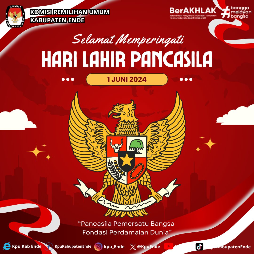 KpuEnde's tweet photo. #TemanPemilih, Segenap keluarga besar KPU Kabupaten Ende mengucapkan Selamat memperingati Hari Lahir Pancasila, 1 Juni 2026.
“Pancasila Pemersatu Bangsa 
Fondasi Perdamaian Dunia”

#KPUMelayani
#kpumelayani https://t.co/7OTYoamjTi