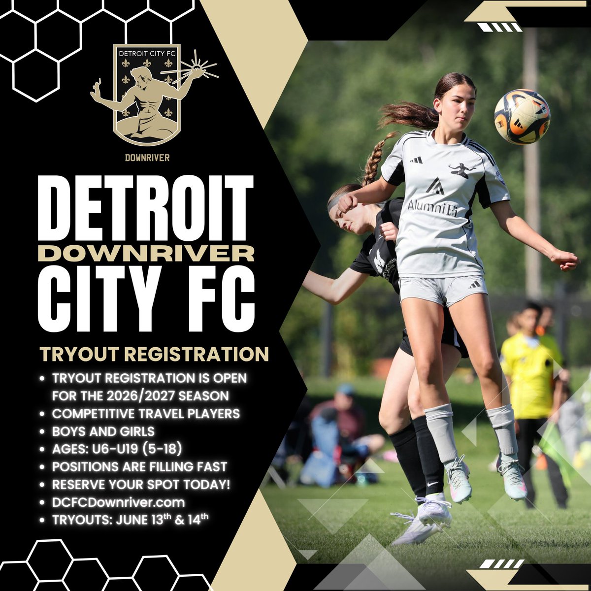 DCFCDownriver's tweet photo. ⚜️ 𝟮𝟬𝟮𝟲/𝟮𝟬𝟮𝟳 𝗧𝗥𝗔𝗩𝗘𝗟 𝗦𝗢𝗖𝗖𝗘𝗥 𝗧𝗥𝗬𝗢𝗨𝗧𝗦 ⚜️

The next chapter starts now!

Registration is open for Detroit City FC Downriver Competitive Travel Team Tryouts for the 2026/2027 soccer season.

We are excited to welcome players and families looking to compete, grow, develop, and be part of a club community built on passion, purpose, and opportunity.

⚜️ Competitive Travel Teams
       • Ages 5-18
       • Age Group: https://t.co/7CcqRvHSKn

⚜️ Information & Registration
       • Registration: https://t.co/8xP8TPeynH
       • Tryout Brochure: https://t.co/o0t5jOQfCv
       • Open Training: https://t.co/15z5Rgwl3Q

⚜️ Tryouts
       • Saturday, June 13th
       • Sunday, June 14th
       • Times: https://t.co/15z5Rgwl3Q

⚜️ Questions?
       • Email: tryouts@dcfcdownriver.com
       • Call/Text: 734-221-0255

We look forward to hearing from you, meeting new players, and seeing familiar faces back on the pitch for the 2026/2027 season soon!

𝗘𝗩𝗘𝗥𝗬𝗢𝗡𝗘 𝗗𝗘𝗦𝗘𝗥𝗩𝗘𝗦 𝗔 𝗖𝗟𝗨𝗕 𝗧𝗛𝗘𝗬 𝗪𝗜𝗟𝗟 𝗡𝗘𝗩𝗘𝗥 𝗢𝗨𝗧𝗚𝗥𝗢𝗪!⚜️

𝘗𝘩𝘰𝘵𝘰 𝘊𝘳𝘦𝘥𝘪𝘵: 𝘑𝘰𝘴𝘩 𝘋𝘢𝘷𝘪𝘴