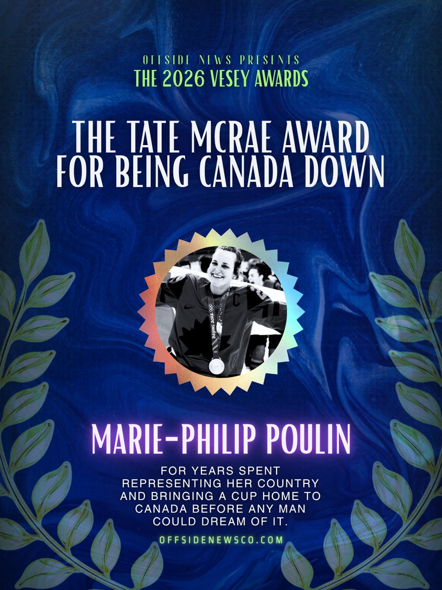 offsidenewsco's tweet photo. After a Walter Cup victory with the Montreal Victoire, the legendary Marie-Philip Poulin also wins the Tate McRae Award for Being Canada Down. https://t.co/KcfS4FMBTq