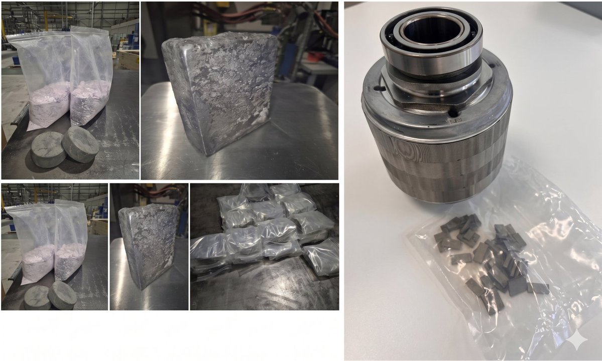 roblun1's tweet photo. 🧲♻️ The World's First. Ford Just Proved It Works.

A UK consortium led by Ionic Rare Earths ($IXR 🇦🇺 ASX) just completed the world's first end‑to‑end recycled rare earth supply chain for an EV motor — and Ford officially validated it.

Hat tip to @ElectricViking (Sam Evans) for covering this when almost nobody else did. 🙏

Here's the exact chain — zero Chinese inputs, zero virgin ore:

🔵 Ionic Technologies (Belfast) — took scrap NdFeB magnets and recycled them back to individually separated rare earth oxides:

Nd₂O₃ → 99.87% purity

Dy₂O₃ → 99.56% purity

Tb₄O₇ → 99.75% purity

— from 100% recycled feedstock

🔵 Less Common Metals (LCM, UK) — converted those recycled oxides into metal and strip‑cast alloy to exact magnet specifications

🔵 GKN (Germany) — manufactured the first finished recycled magnets

🔵 Ford Halewood (UK) — built two complete test rotors from those magnets

🔵 Ford Dunton R&D — ran the rotor on a dynamometer through the full durability test cycle. Result: directly comparable to rotors built with production‑grade freshly mined rare earth magnets. First attempt.

Ford's UK Innovation Manager Dennis Wilt: "We proved recycled magnets can meet our rigorous commercial standards on the very first attempt."

Why the timing matters:

China introduced export licensing for Dy and Tb earlier this year — the exact two heavy rare earths used in this project. When those controls hit, European rare earth prices surged to 6× the Chinese domestic price. Ford itself suffered production disruptions.

This project is a direct answer to that vulnerability.

The UK government context:

Funded via Innovate UK / Dept for Business & Trade. Flagship project among 36 circular rare earth initiatives. UK target: 20% of critical minerals from recycling by 2035. Currently at just 6%.

Ionic Technologies is a confirmed DRIVE35 Collaborate winner alongside Ford, with a pending ATF application for the commercial‑scale Belfast facility — the next step from proof‑of‑concept to 400 tpa sovereign production.

The proof is done. 

1. Purity ✅ 

2. Durability ✅ 

3. Western supply chain,  scrap to spinning rotors ✅

Now it needs to scale. 🏭

$IXR 🇦🇺🇬🇧🧲♻️

📌 Video: @ElectricViking — "FIRST EVER: Ford's breakthrough EV motor uses 100% recycled magnets"
📌 Photos: Ford Halewood test rotor + recycled NdFeB magnets
📌 Photos: Nd Ingots, After reduction, Dy & Tb ingots after Vacuum remelting, Less Common Metals
 📌Photos: PMSM Permanent Magnet Synchronous motor, NdPr Oxide and Nd Oxide

@IONICTECH_UK @IONIC_RE @forduk @LessCommonMetal  #IXR  #IonicRareEarths #IonicTechnologies #FordMotor #EV #ElectricVehicle  #RecycledMagnets #NdFeB #RareEarths #MagnetRecycling #Dysprosium  #Terbium #Neodymium #LCM #LessCommonMetals #GKN #DRIVE35 #InnovateUK  #CriticalMinerals #CircularEconomy #SupplyChainSecurity  #WesternSupplyChain #EVMotor #Ford #Halewood #Belfast #ElectricViking  #ChinaExportControls #SovereignSupplyChain #NdFeB ♻️🧲🇬🇧🇦🇺🚗⚡