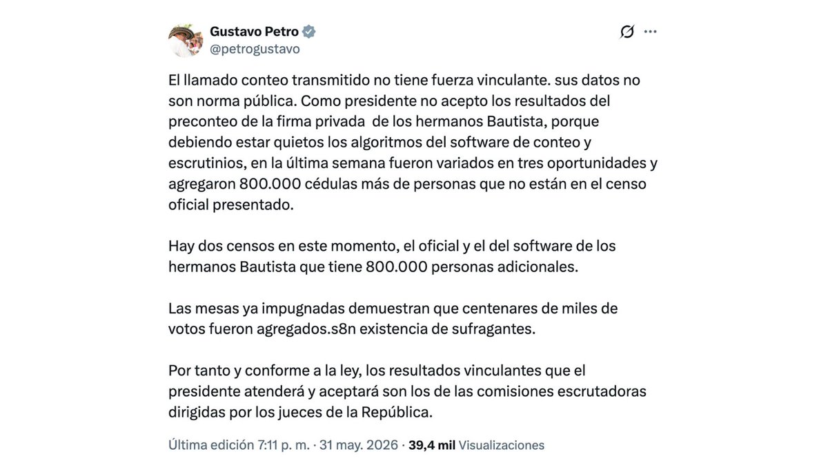revistaRAYA's tweet photo. 🗳️🇨🇴 🚨#ATENCIÓN: El presidente Gustavo Petro denunció presuntas irregularidades en el preconteo electoral. Según afirmó, cerca de 800.000 cédulas que no hacían parte del censo electoral habrían sido incluidas por la empresa privada encargada del preconteo. Petro señaló que solo reconocerá los resultados derivados de las mesas escrutadoras y avalados por jueces de la República.