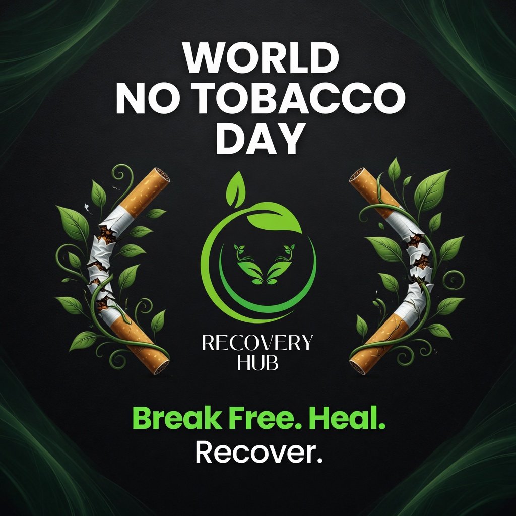RecoveryHublife's tweet photo. On World No Tobacco Day, Recovery Hub joins the global community in raising awareness about the dangers of tobacco use and nicotine addiction, including cigarettes, vapes, and shisha. The message emphasizes that quitting is possible and that no one has to face addiction alone. https://t.co/GJVXu4oglU