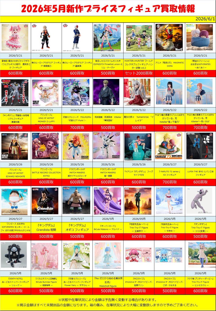 買取情報】 5月プライズフィギュア(6月1日版)告知更新しました
