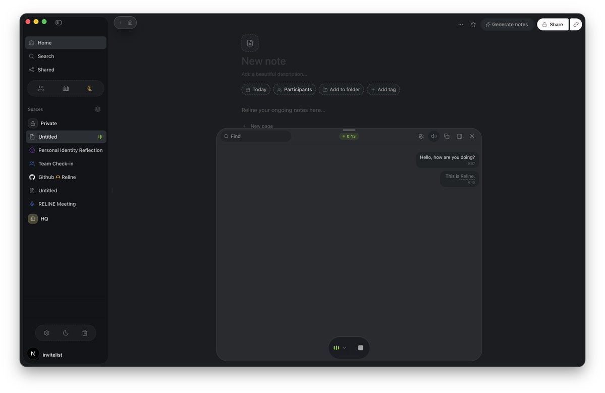 buildxdev's tweet photo. @anupamrjp Building Reline https://t.co/ByhxAZ1neb

Records and transcribes meetings on-device, no bot joining the call then drops the summary + action items the second you hit stop.

We put it next to Granola, Fathom, Fireflies and Jamie and it wasn't close.
The Notion-style workspace https://t.co/3RQYiHI6nB