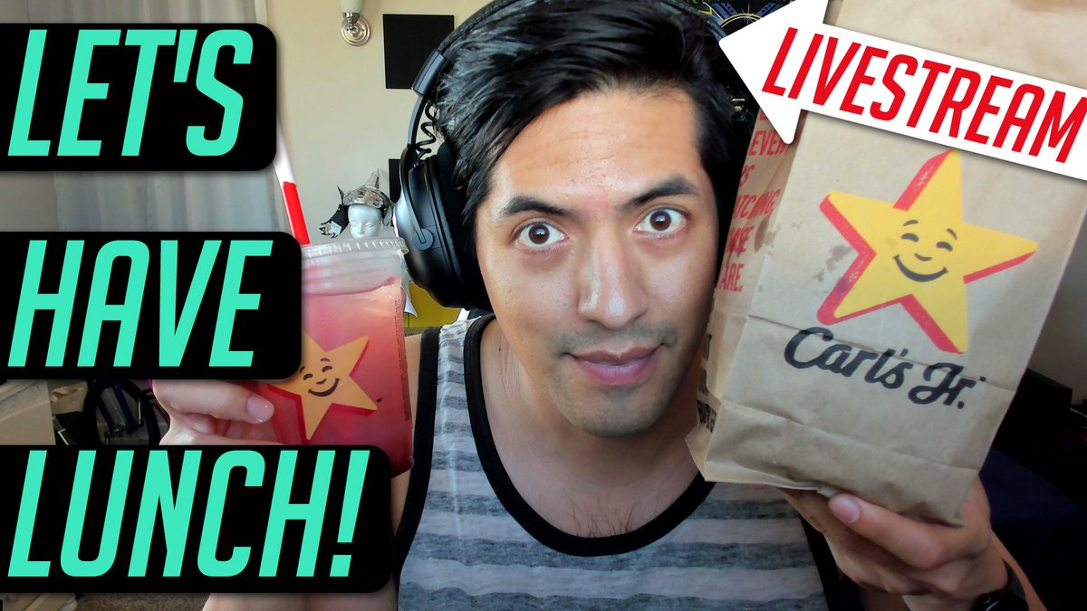 WatchPony's tweet photo. Let's Have Lunch Livestream going NOW! Join us for Carl's Jr. https://t.co/79GIq14ovB https://t.co/0gq7hq4Jdj