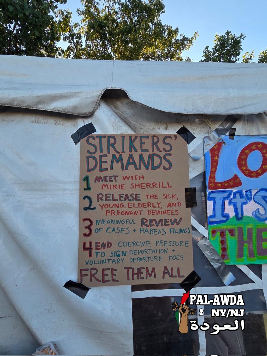 pal_awda's tweet photo. We salute the brave comrades inside #DelaneyHall who are continuing their hunger & work strike for the 9th day. We also salute the community members who are showing up daily in unbreakable solidarity in the face of state violence. We see the collaboration between federal & state agents as no surprise. We reject the false narratives they are putting out, while strikers inside are reporting escalating retaliation, intimidation & punitive transfers by @ICEgov.

We urge people to find a way to come out to Newark in support of the strikers. It is our duty to fight back against this violent repression & cruelty of the state.

Shut down Delaney Hall! Abolish ICE! Free them all!                                               

[Slide 1: Video taken 5/30. Slide 2: Photo of strikers' demands taken 5/30.]