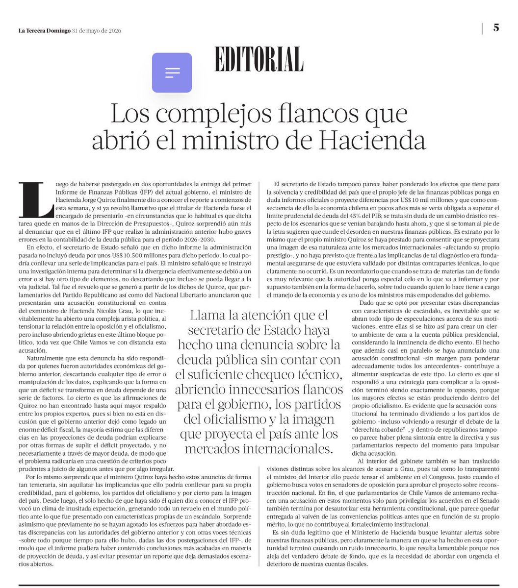 CristianValdivi's tweet photo. “Sorprende que el ministro Quiroz haya hecho estos anuncios de forma tan temeraria, sin aquilatar las implicancias que ello podría conllevar para su propia credibilidad, para el gobierno, los partidos del oficialismo y por cierto para la imagen del país”. https://t.co/Pz7i6Hc7E7