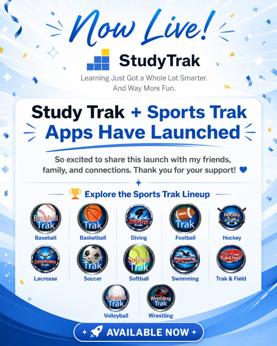 trakadvcorp's tweet photo. 🚀 Big launch day! Study Trak + the full Sports Trak lineup are now live through Trak Advantage Corp.
Learning tools. Sports stat tracking. One growing software company.
Check it all out at https://t.co/HtZL50NEnW 💙
#StudyTrak #SportsTrak #AppLaunch https://t.co/n6WX1HUmj0