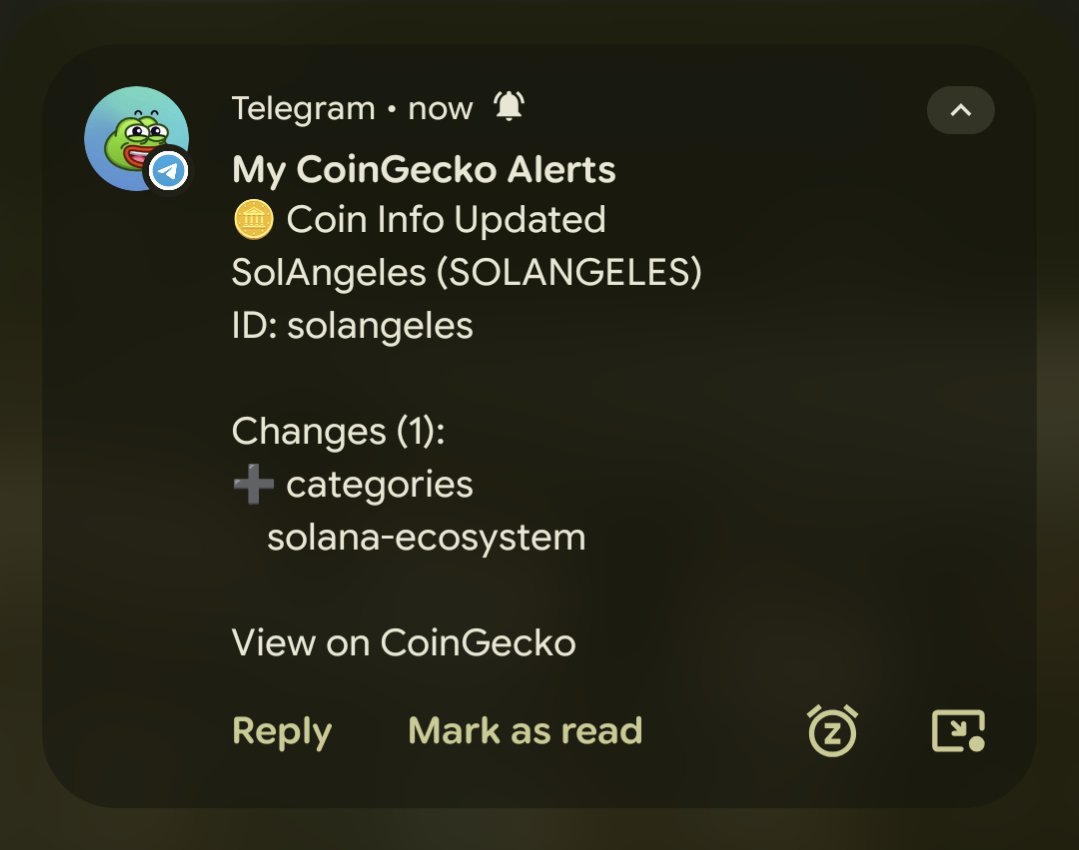 sooneggg's tweet photo. Built a simple TG bot with the all new CoinGecko API Webhooks, to keep track of key events and updates on @coingecko platform: security notice, coins listed in a category, contract address migration and changes, etc.

#BuildWithCoinGecko https://t.co/bZl5AXdgvu