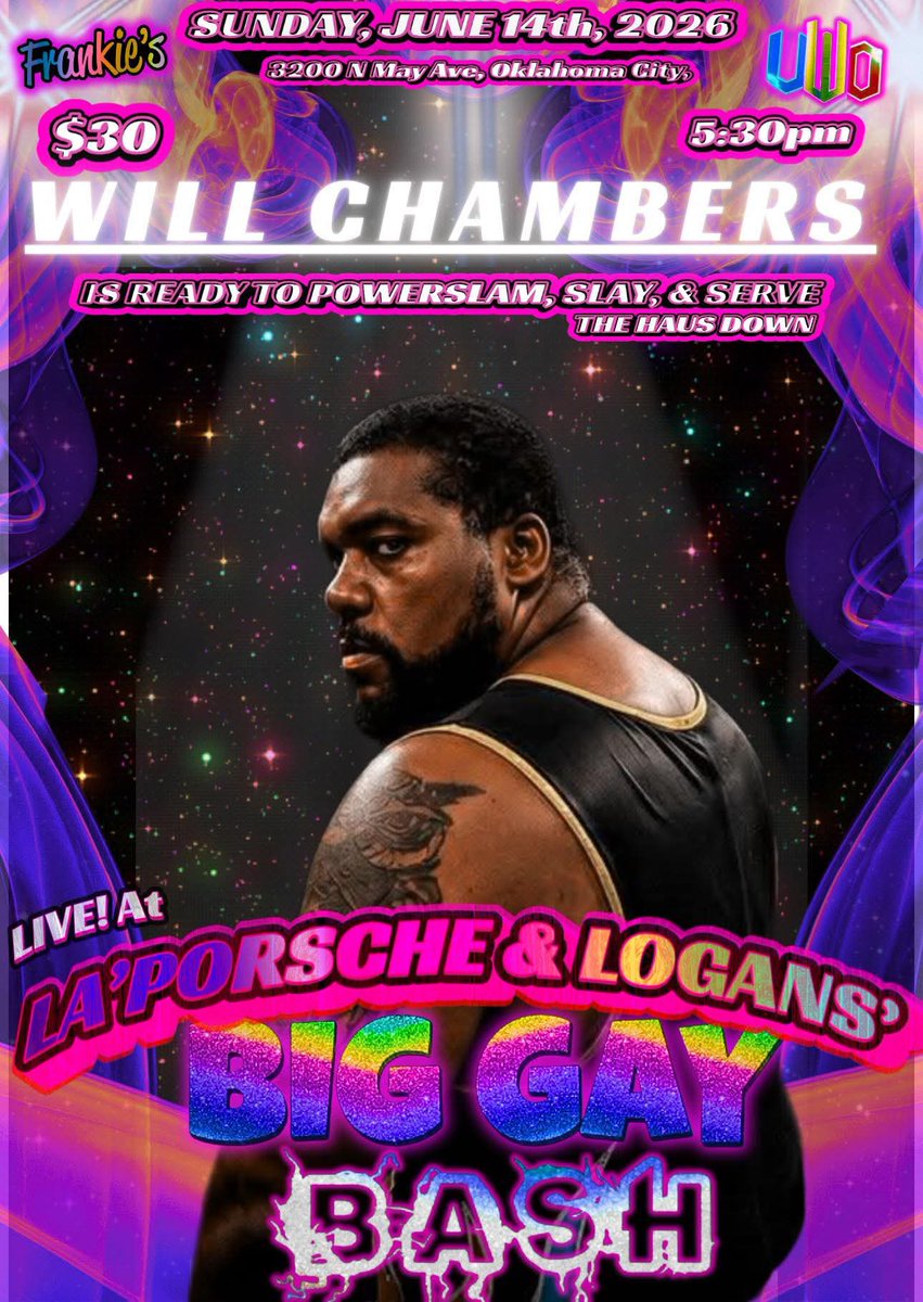 LoganKnightPro's tweet photo. ✨🪩TALENT ANNOUNCEMENT🪩✨

The UWO champion is ready to dominate the competition….

“Chocolate Kaiju” Will Chambers is ready to powerslam, slay, &amp; serve the haus down at Big Gay Bash!

Tickets available through cashapp at: $uwoklahoma

#LLBGB #prowrestling #drag #okcpride #UWO https://t.co/tlOFTBd57J