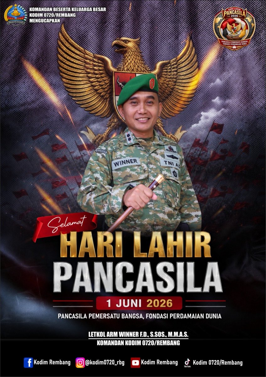 KodimRembang's tweet photo. Peringatan Hari Lahir Pancasila 2026, Dandim 0720/Rembang Tegaskan Pancasila Adalah Benteng Persatuan Bangsa

https://t.co/XZqqwzLuVU

#JayalahPancasila
#HariLahirPancasila2026
#Kodim0720Rembang
#TNIADMengabdiDanMembangunBersamaRakyat
#PancasilaPemersatuBangsa https://t.co/vYbhOhEzsP