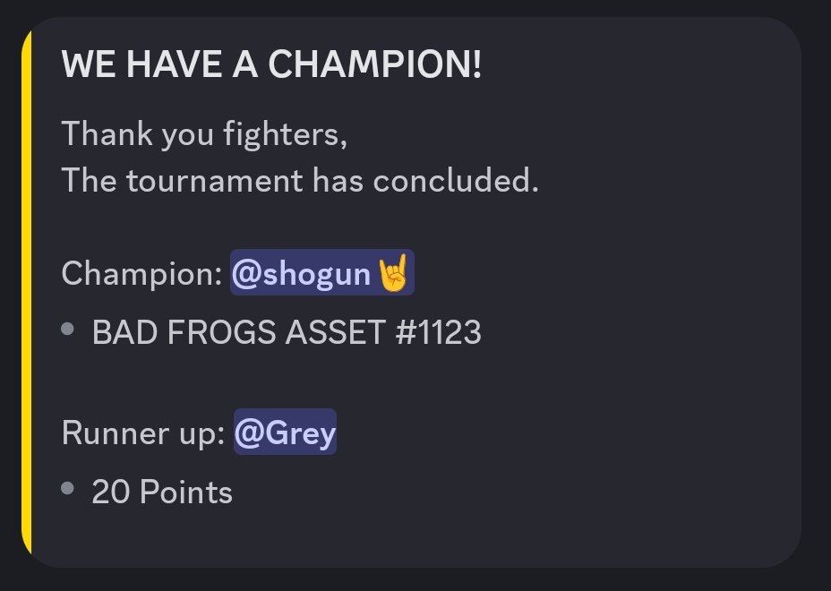 apokjamir150's tweet photo. Just won a @BADFROGS11 playing #DIVINECLASH in @FallenNeoGods server &amp; the FIRST ever holder to win 'ChampionOfTheGods' role which comes wit perks. My fallen God will also be featured as the champion image for a week fully customized. 
@neogodsNFT #RISEOFTHEFALLEN #NEOGODS https://t.co/vpF5dG771w