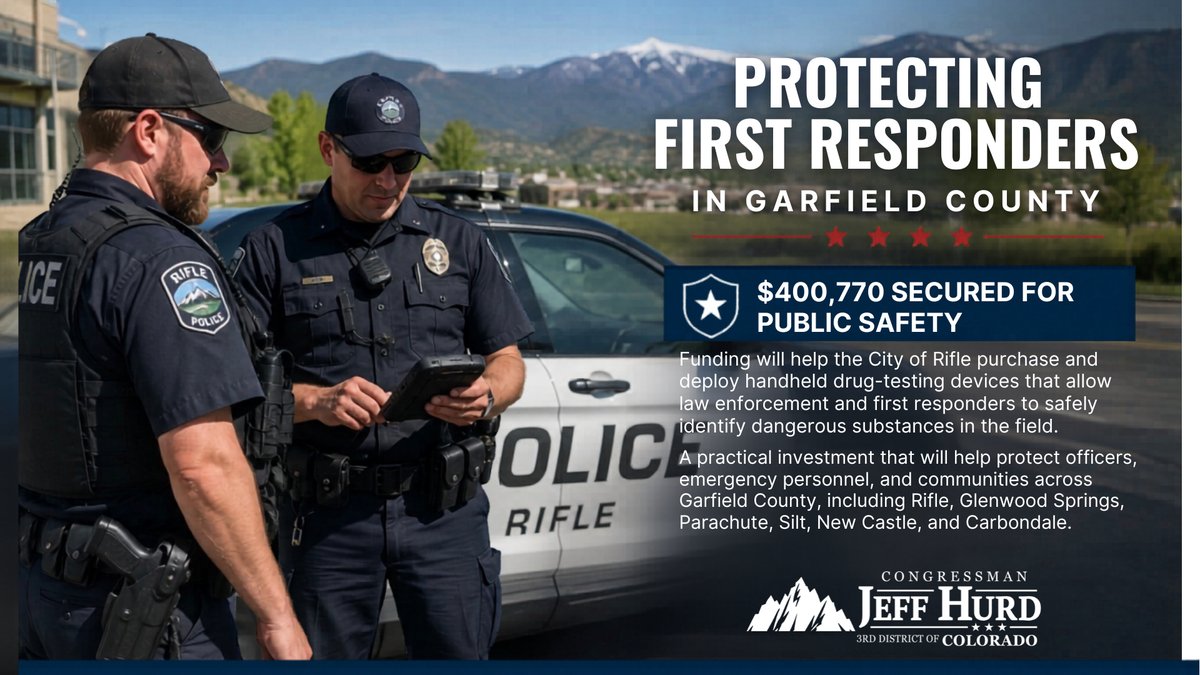 RepJeffHurd's tweet photo. I was glad to help secure $400,770 for Garfield County to equip first responders with handheld devices that can quickly identify dangerous substances in the field.

As synthetic drugs become more prevalent, law enforcement, firefighters, and emergency personnel face growing risks every day. These tools will help them respond more safely, make informed decisions faster, and better protect the communities they serve.

This is a practical investment in public safety that will support first responders and strengthen communities across Garfield County and the Western Slope. #CO03 #GarfieldCounty