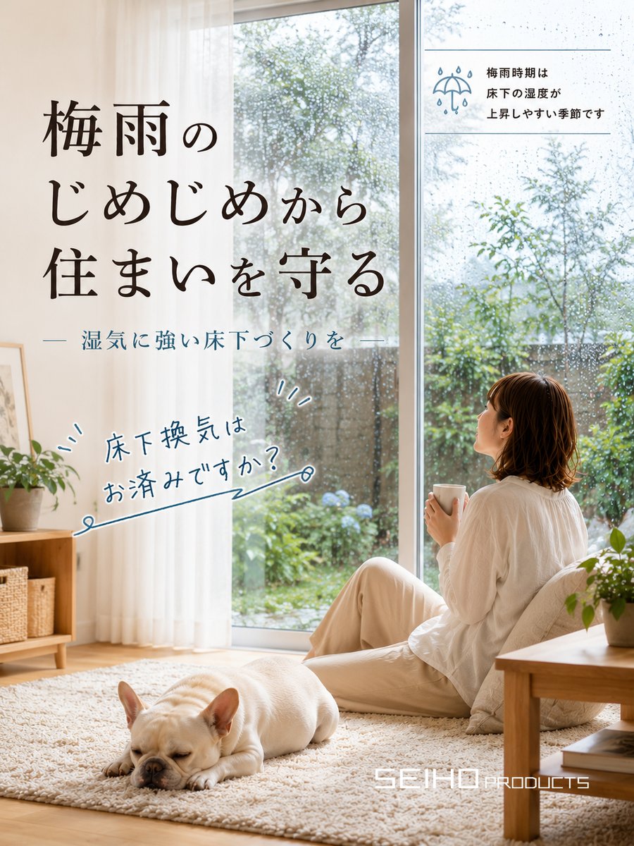 SeihoSdk's tweet photo. まもなく梅雨の季節がやってきます。

雨の日が増えると、
住まいの中にも湿気がたまりやすくなります。

特に見落とされがちなのが、
普段は目にすることのない「床下環境」です。

https://t.co/JJ64kG7WeT https://t.co/ifnf2IV7M9