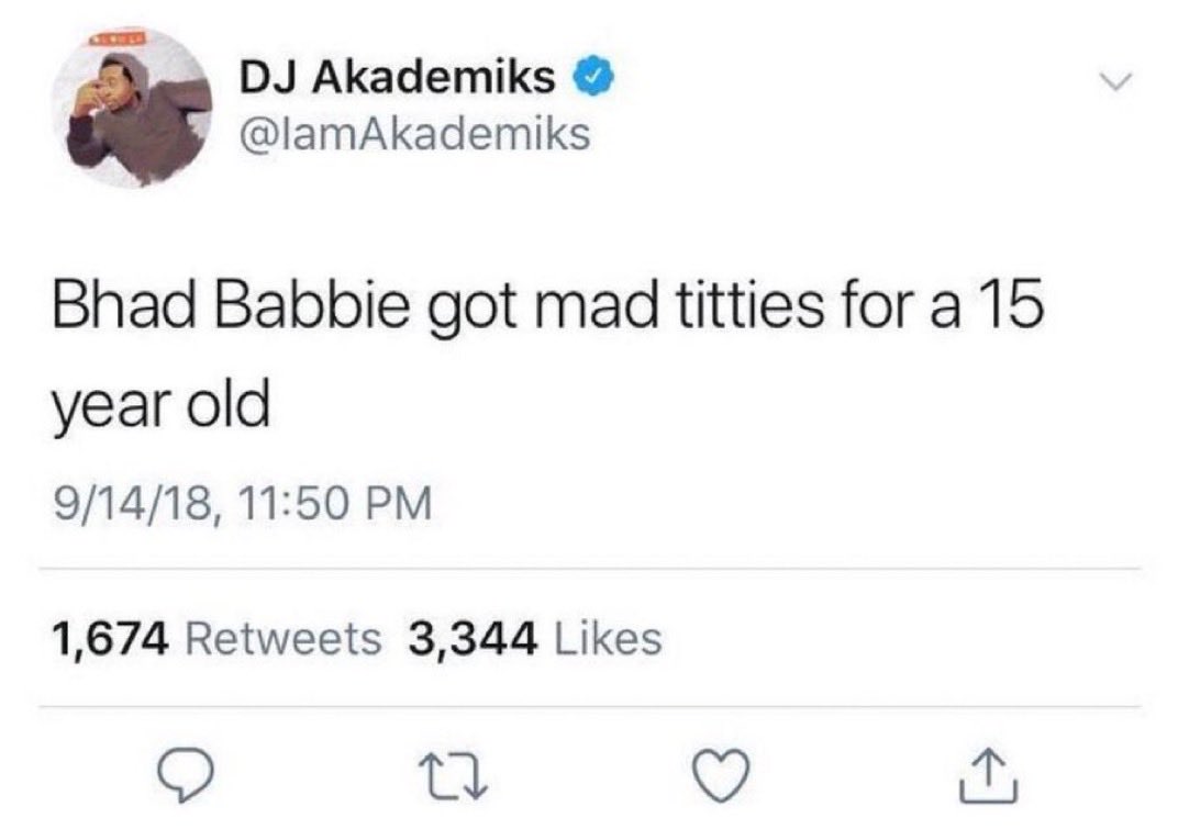 FizzlOutt's tweet photo. Another abuser fantasizing about young girls and their physical features @Akademiks and @Drake rewards him for this type of behavior towards minors. These are the people autistic @KINGJARED300 idolize https://t.co/RAq7yNHmnQ